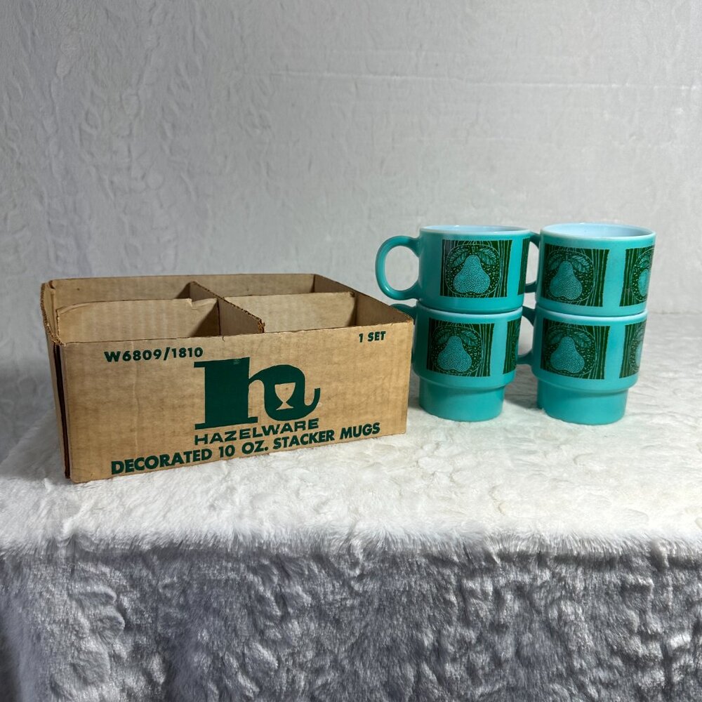 4 Vintage Teal Blue Stackable Coffee Mug Cups Turquoise Hazelware Fruit W6809 - Picture 10 of 12